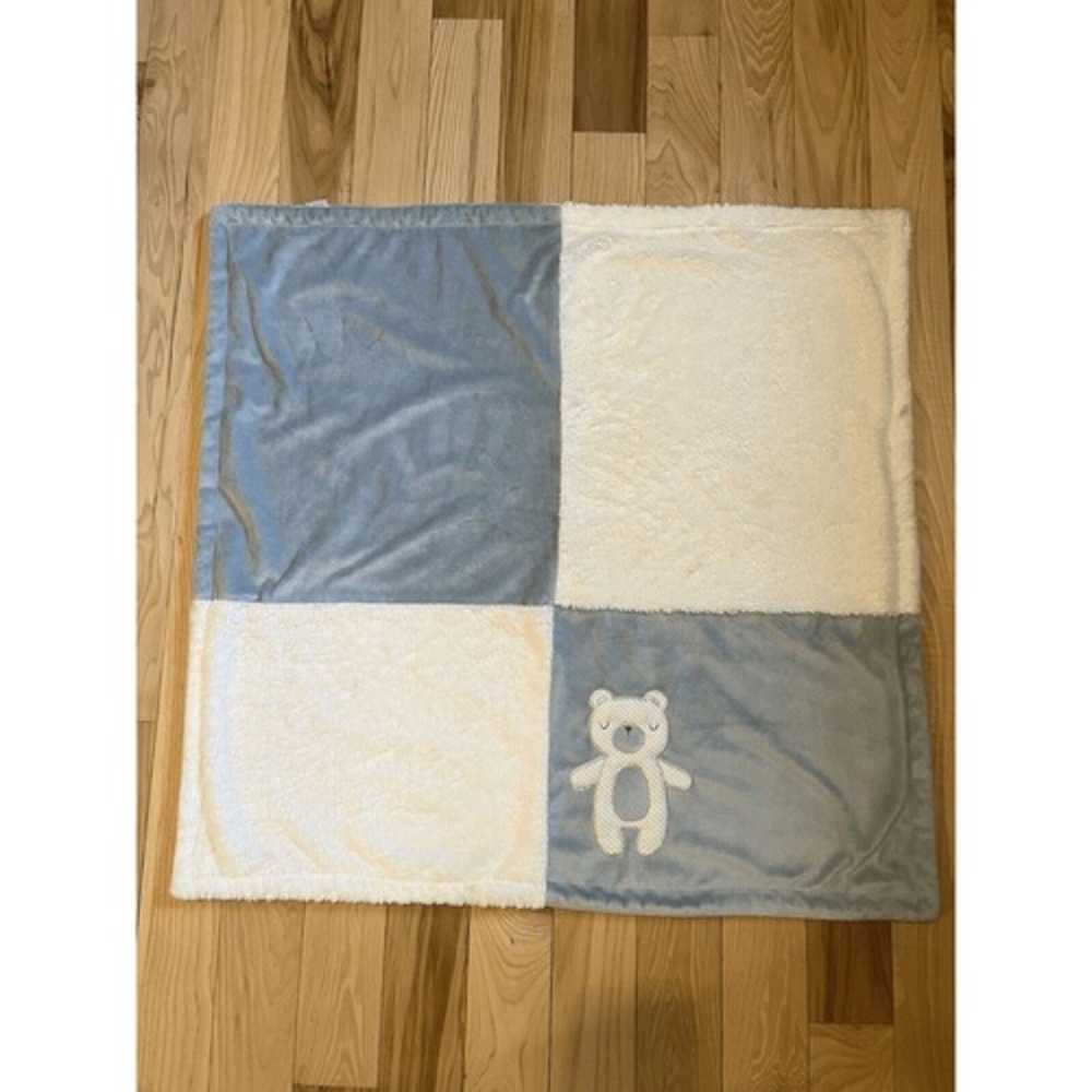 Kyle & Deena Blue White Squares Baby Blanket Bear Sherpa Lovey‎ Security 30 x 30